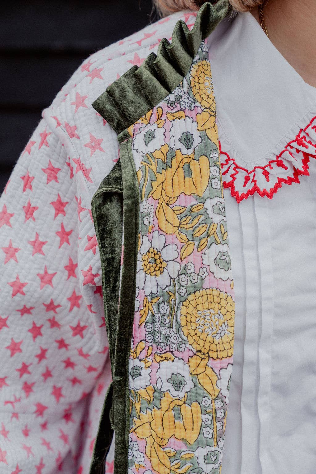 Twizzell Reversible Jacket - Yellow/Green Floral with Pink Star Reverse