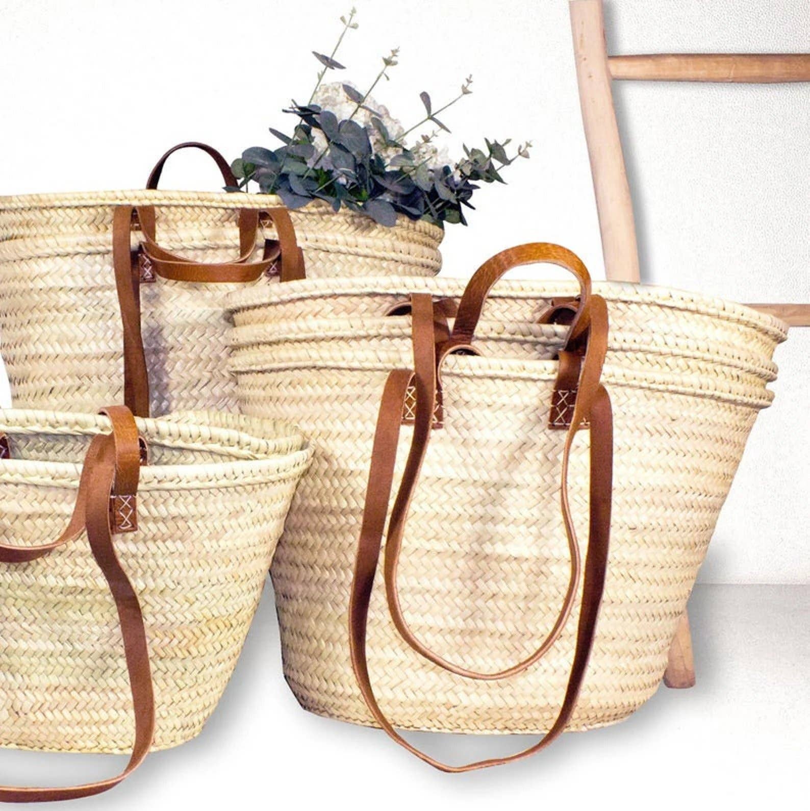 Handmade Straw Bag with Leather Handles, French Market Bag: Brown