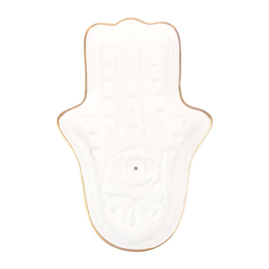 White Hamsa Hand Ceramic Incense Stick Holder Plate