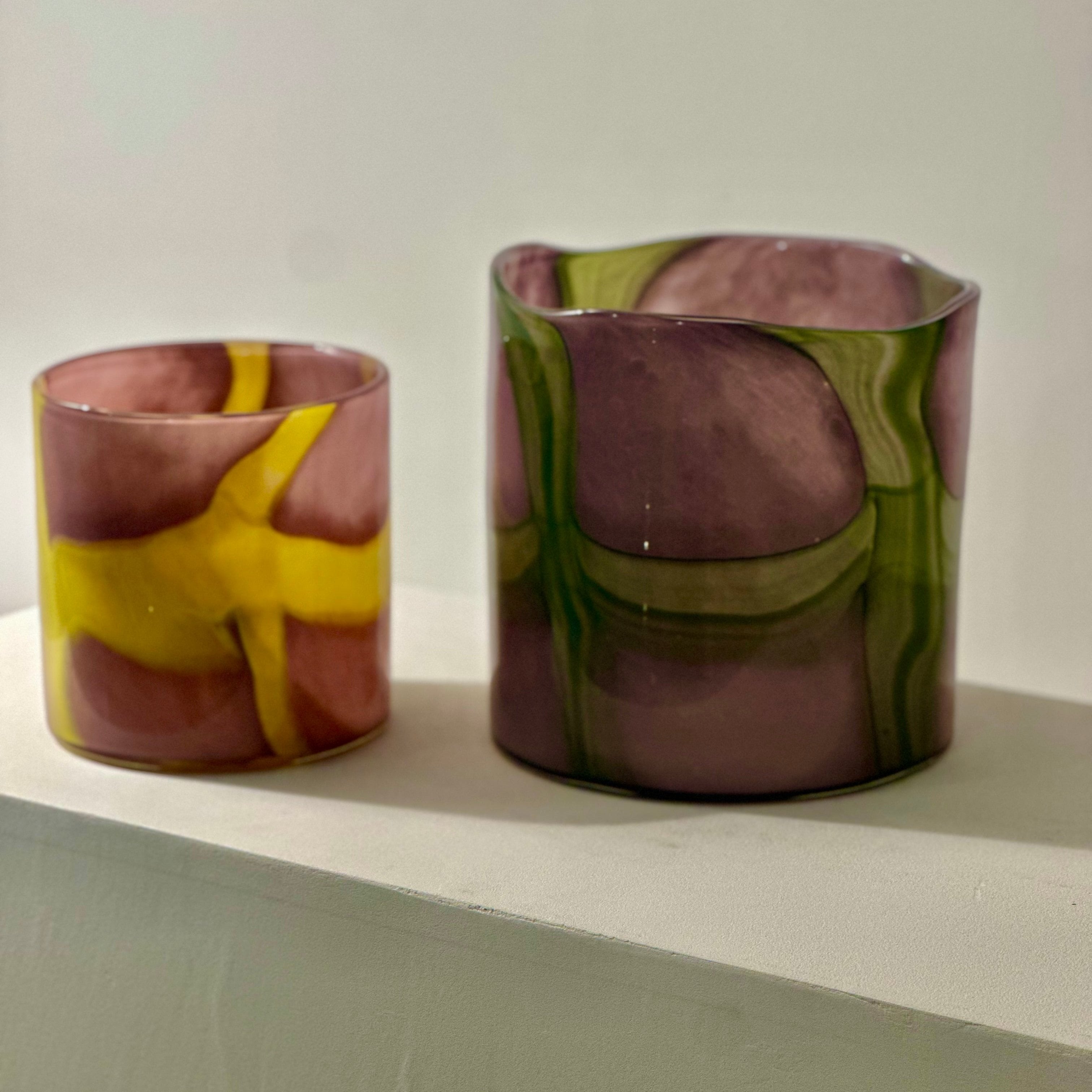 Large Green & Violet Coloured Glass Vases
