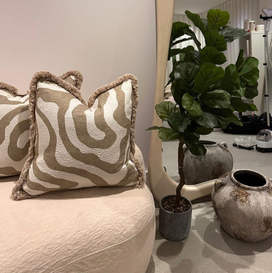 Swirl Geometric Square Cushion 22 inches with Fringe Trim