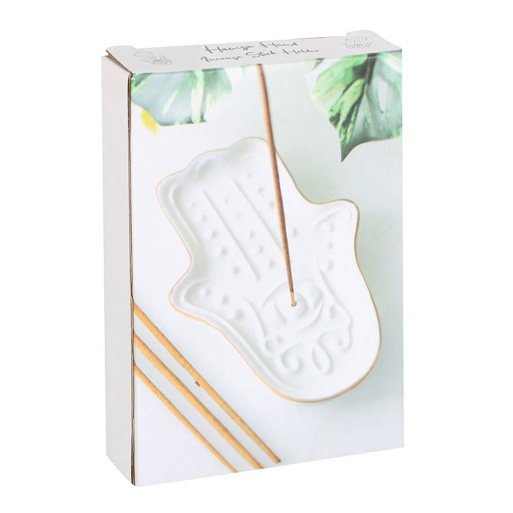 White Hamsa Hand Ceramic Incense Stick Holder Plate