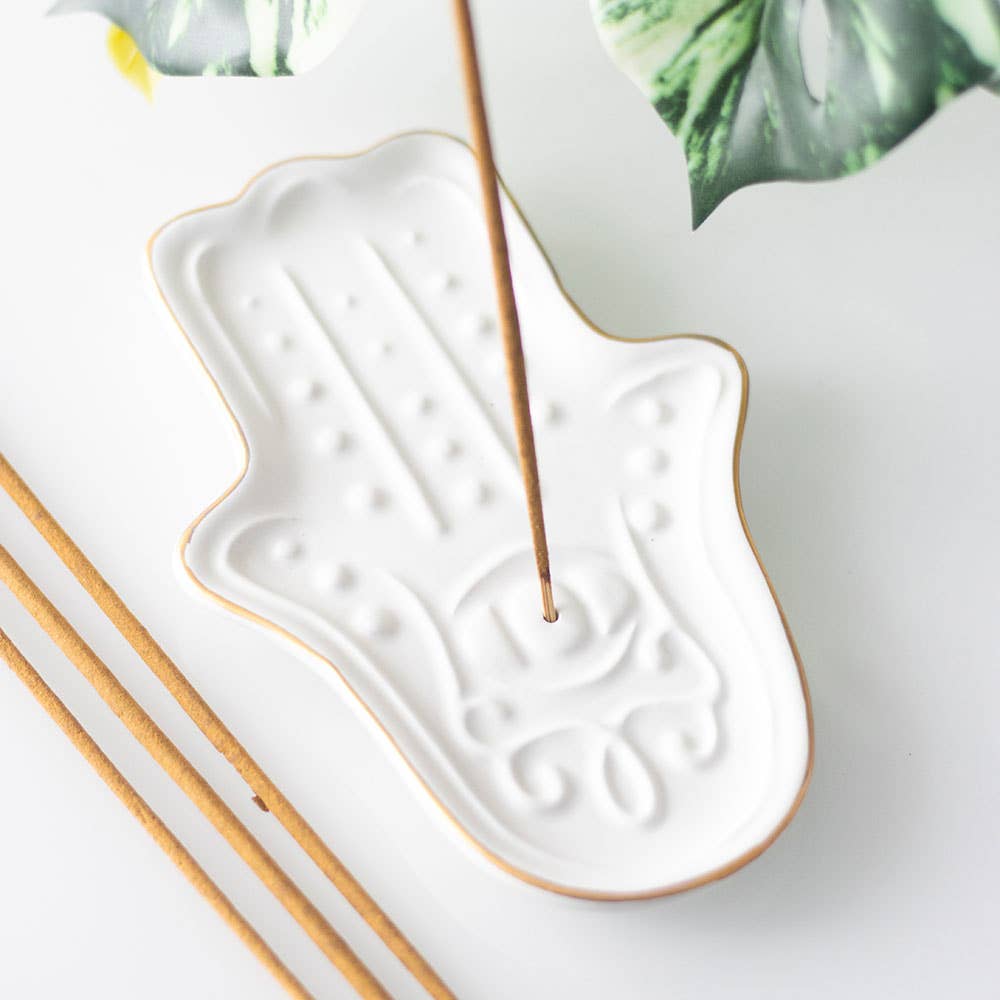 White Hamsa Hand Ceramic Incense Stick Holder Plate