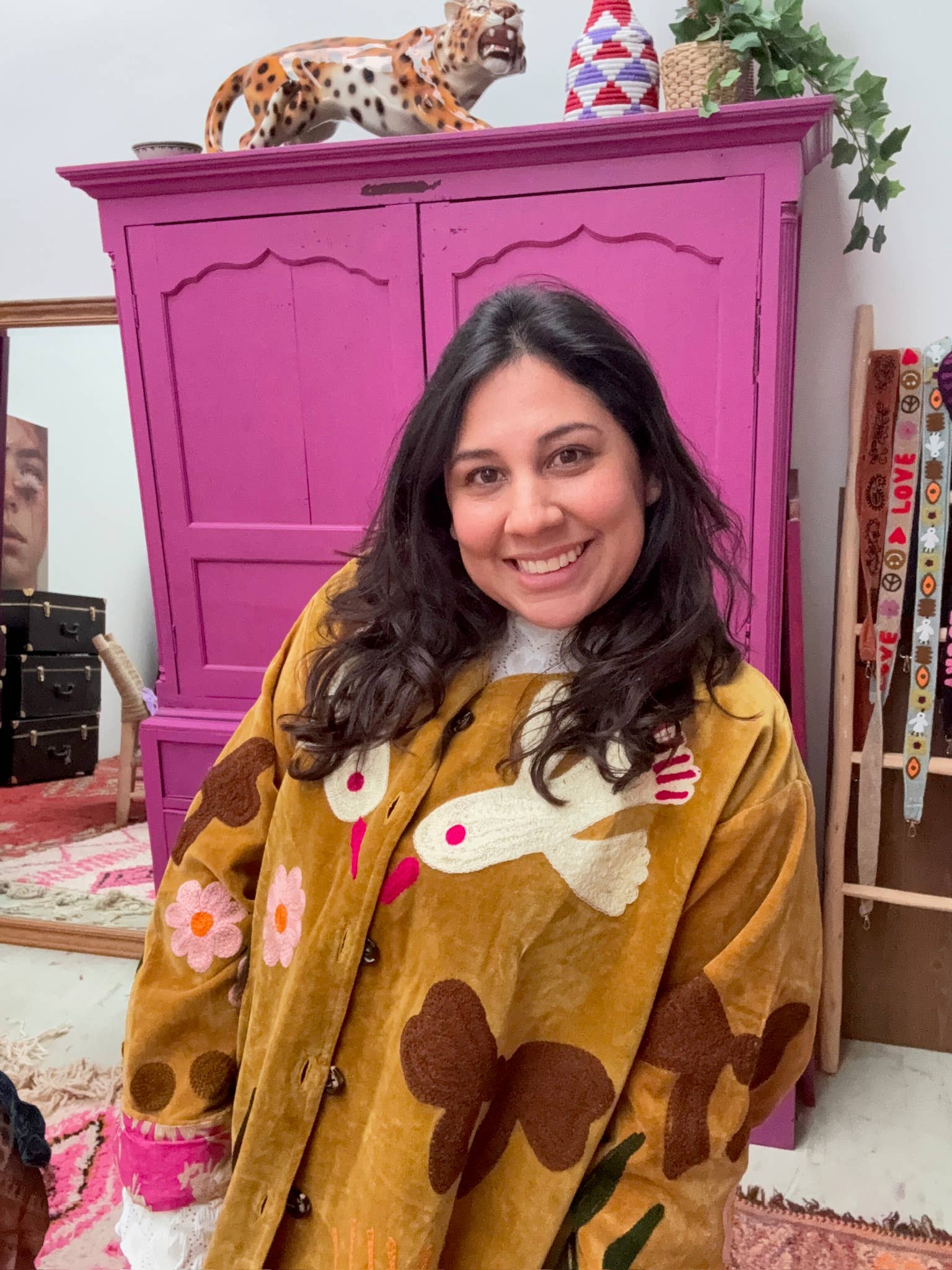 Velvet embroidery jacket birds ochre: Panter