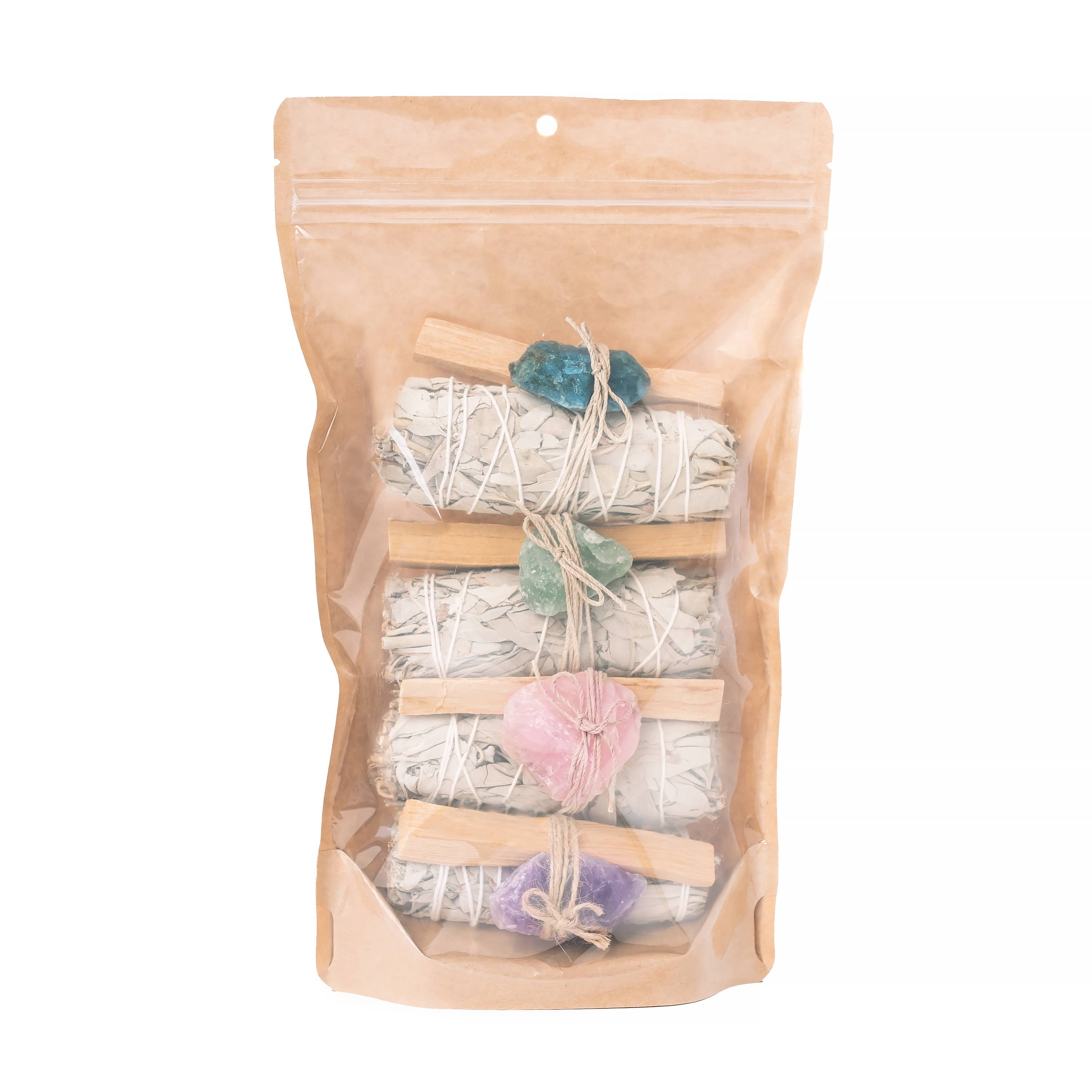 Sage, Rough Crystals, and Palo Santo 4 Pack Bundle in Bag
