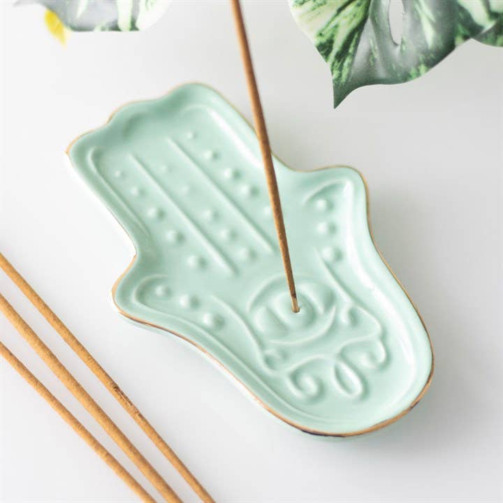 Blue Hamsa Hand Ceramic Incense Holder Plate