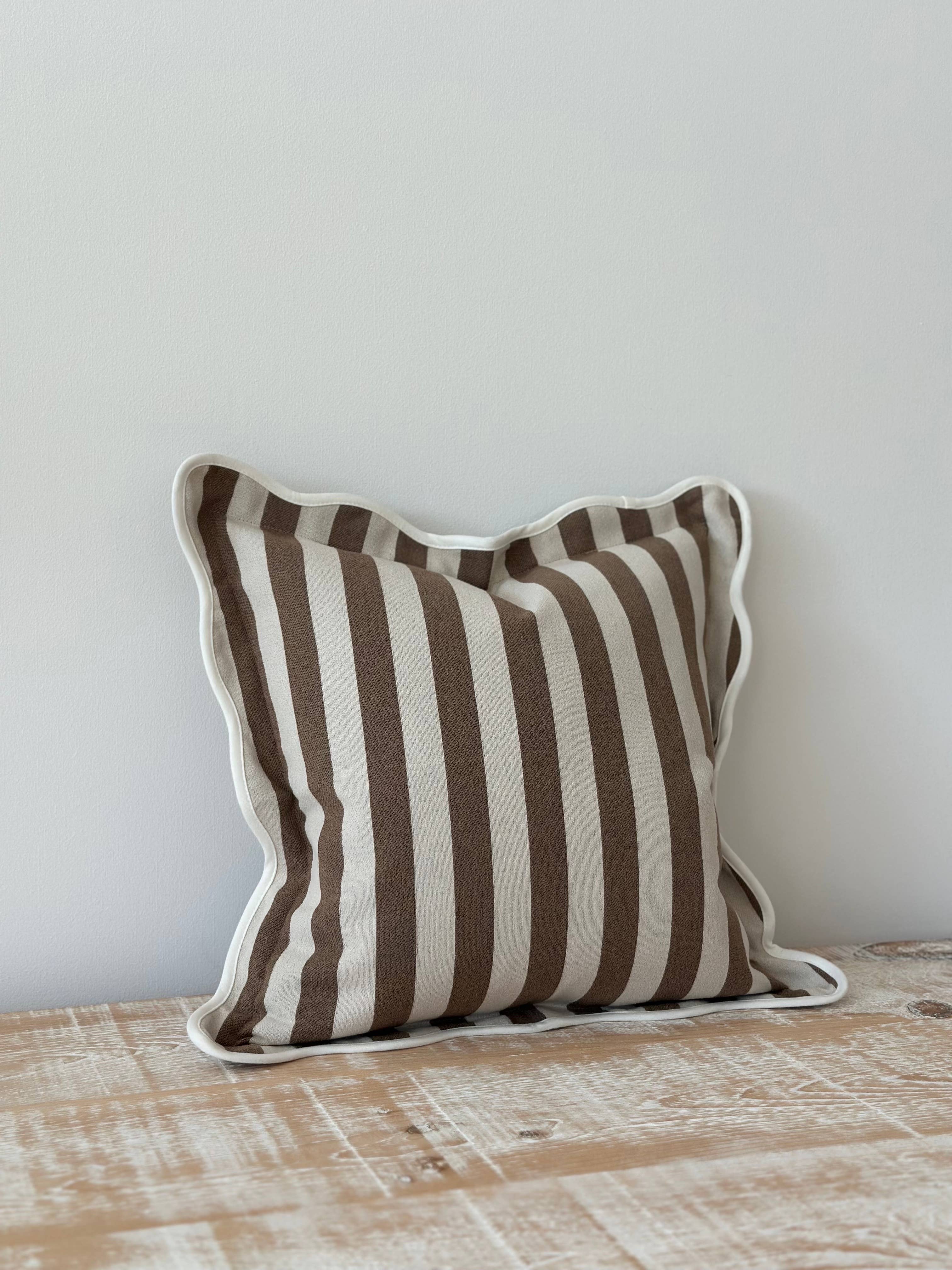Chloe Brown Stripe Scalloped Edge Cushion Cover