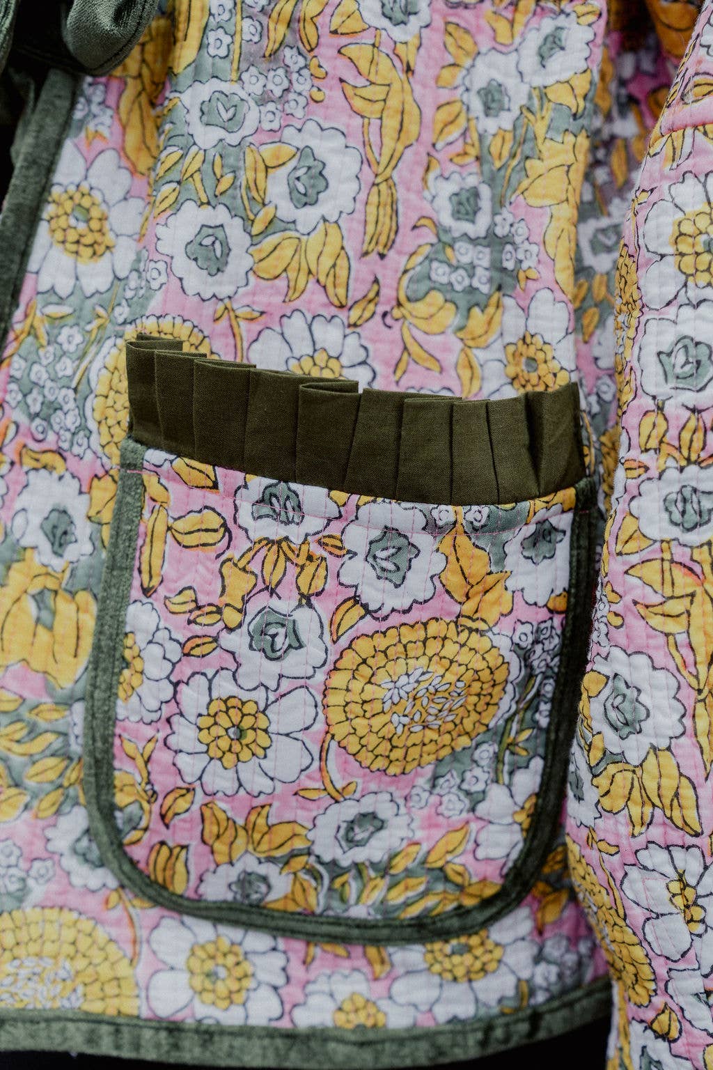 Twizzell Reversible Jacket - Yellow/Green Floral with Pink Star Reverse