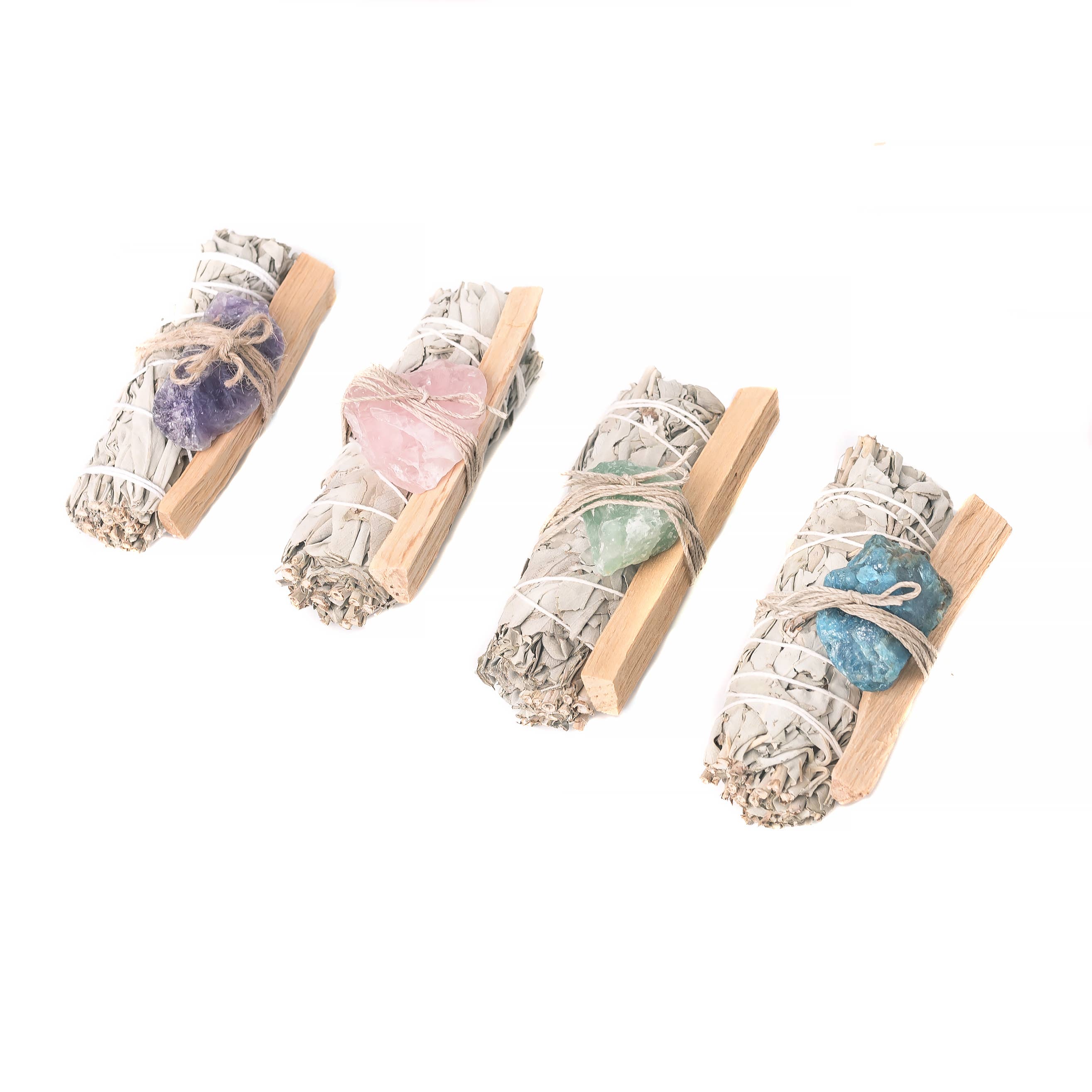 Sage, Rough Crystals, and Palo Santo 4 Pack Bundle in Bag