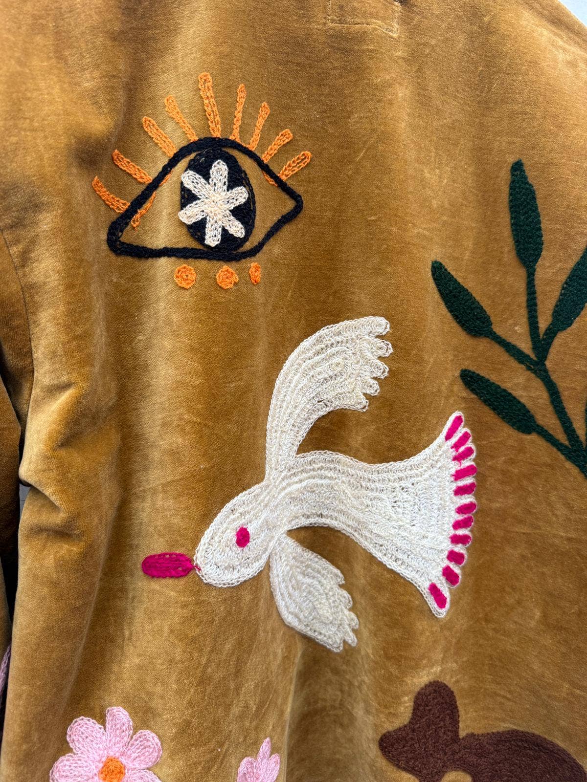 Velvet embroidery jacket birds ochre: Panter