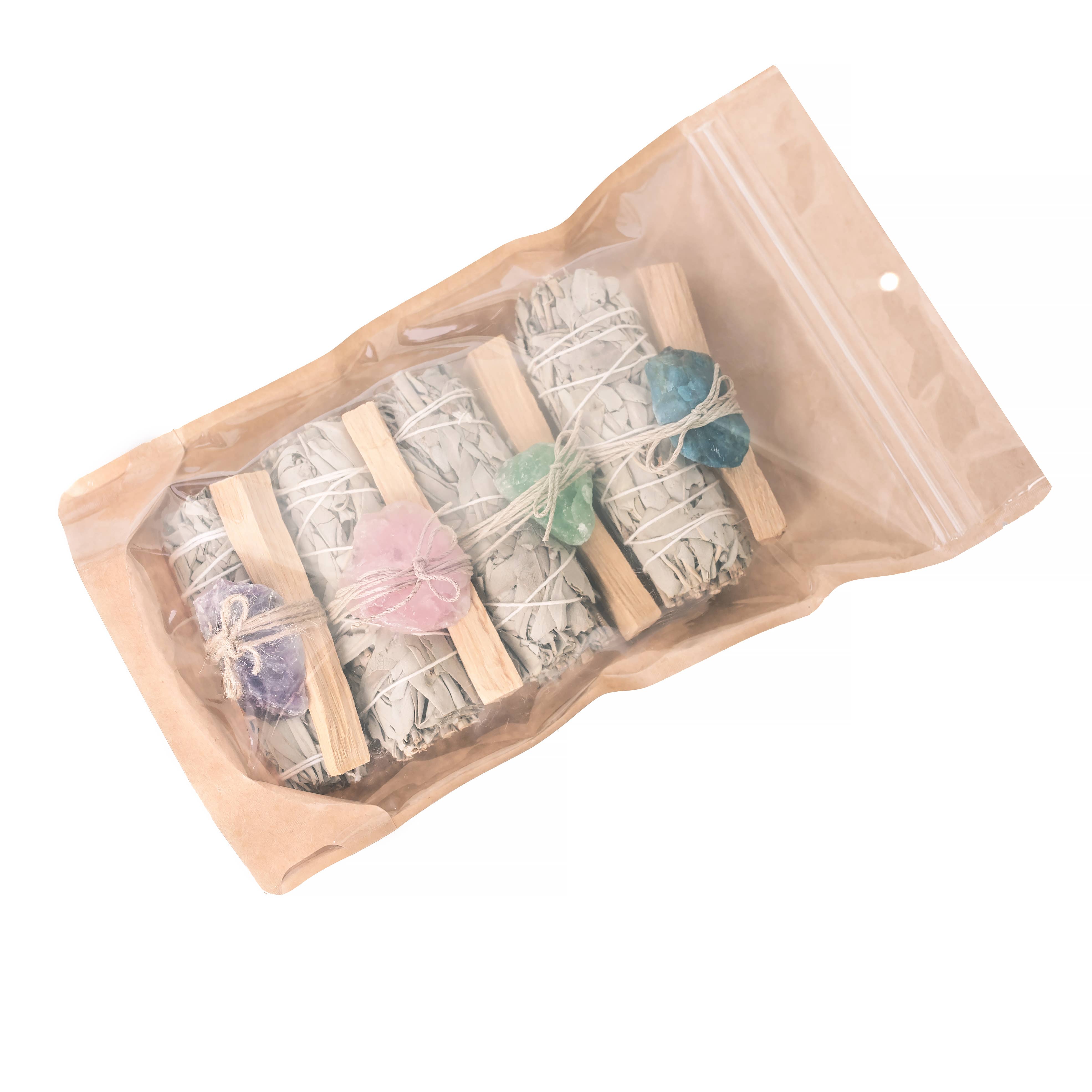Sage, Rough Crystals, and Palo Santo 4 Pack Bundle in Bag