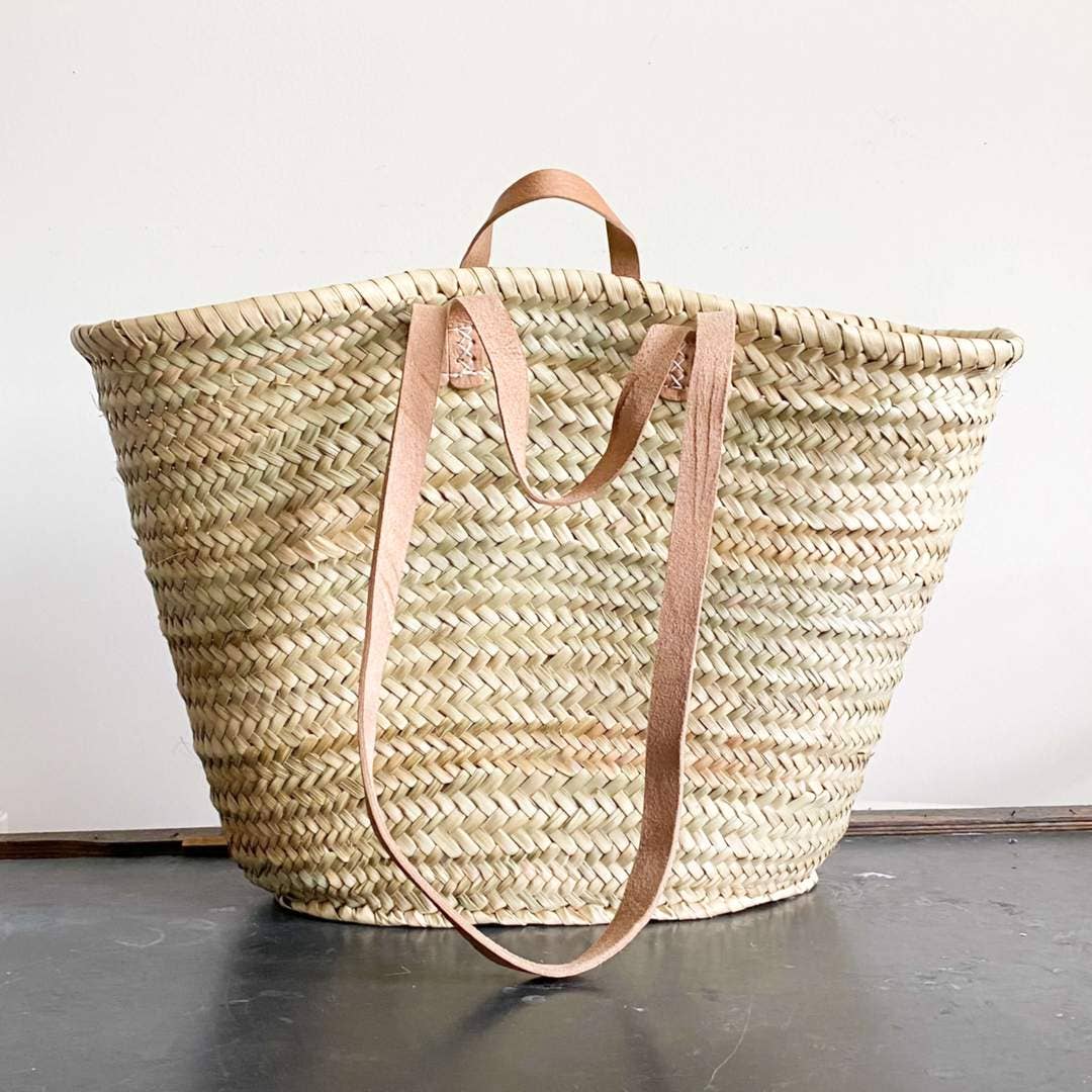 Handmade Straw Bag with Leather Handles, French Market Bag: Brown