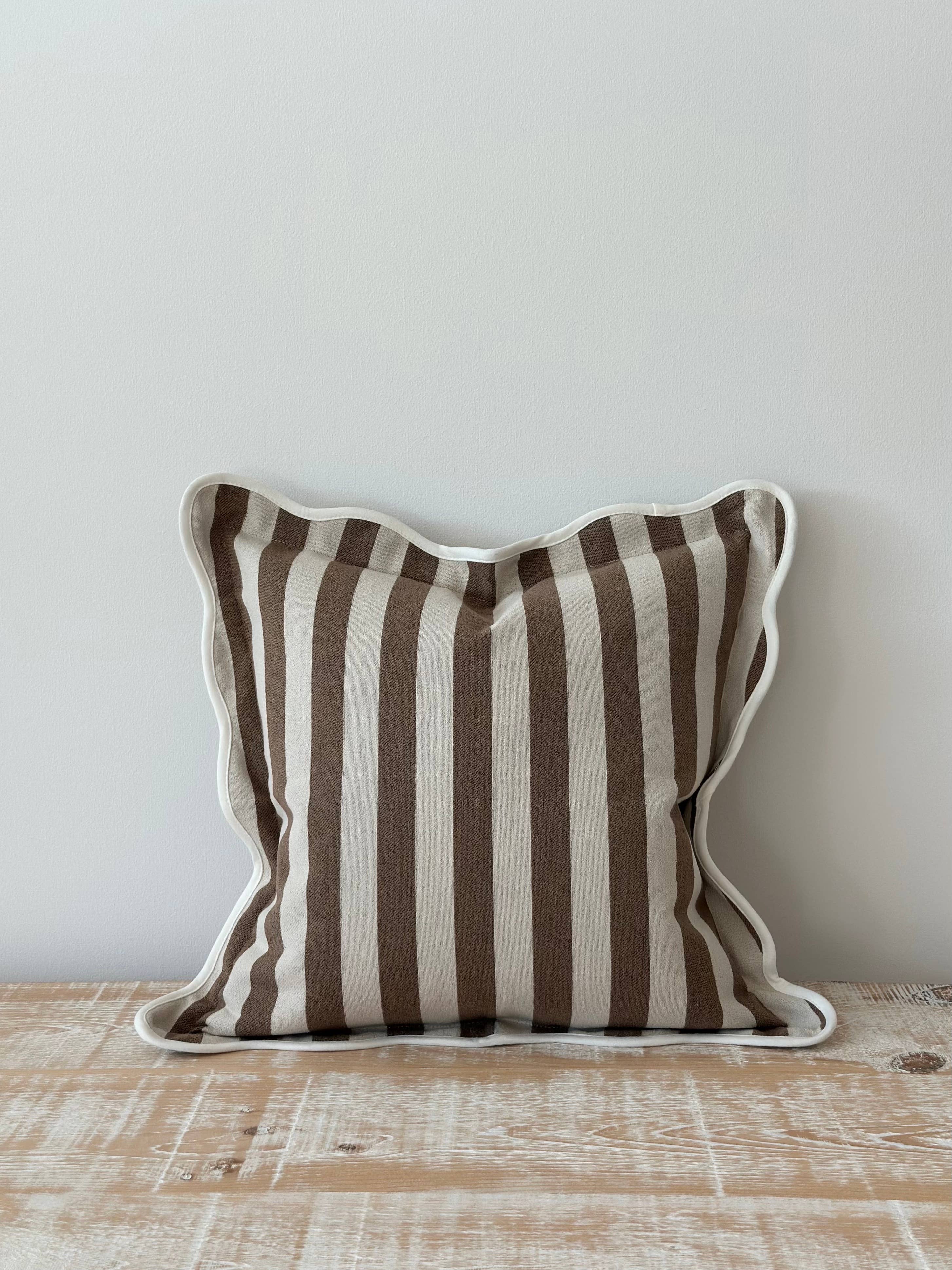 Chloe Brown Stripe Scalloped Edge Cushion Cover