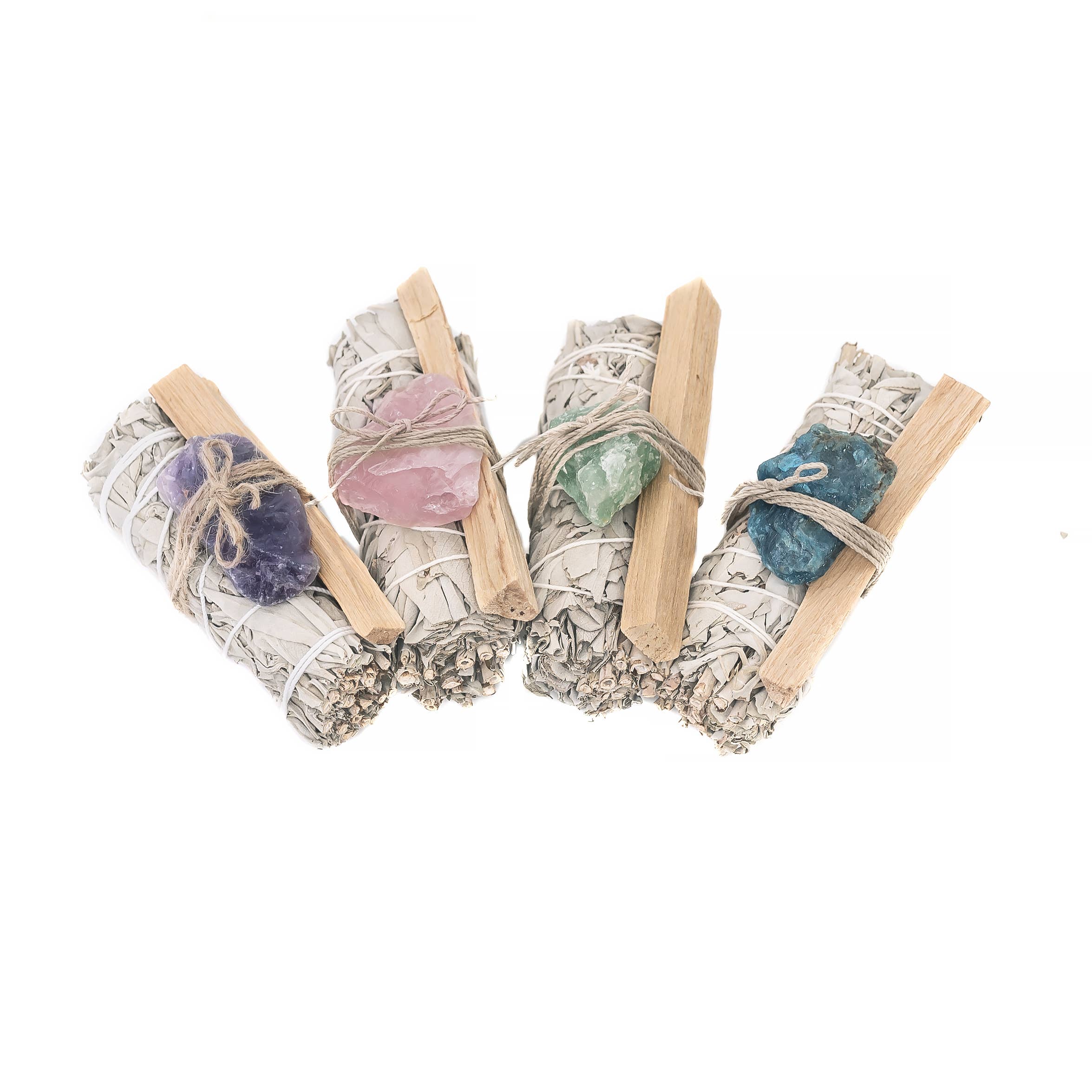 Sage, Rough Crystals, and Palo Santo 4 Pack Bundle in Bag