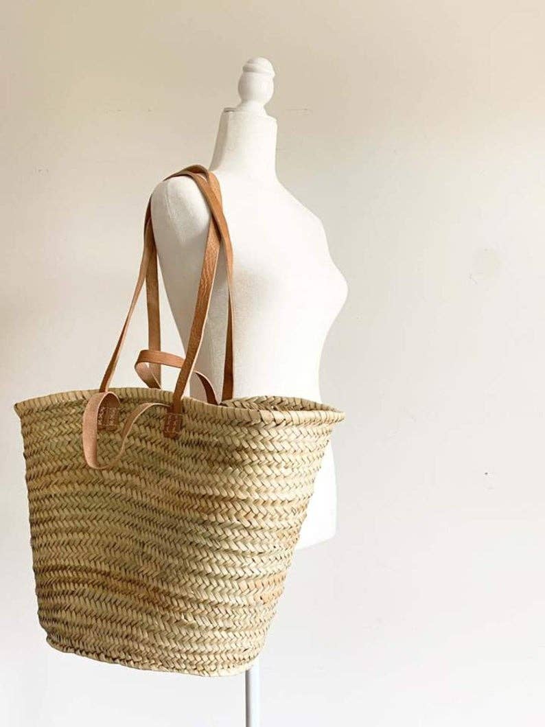 Handmade Straw Bag with Leather Handles, French Market Bag: Brown
