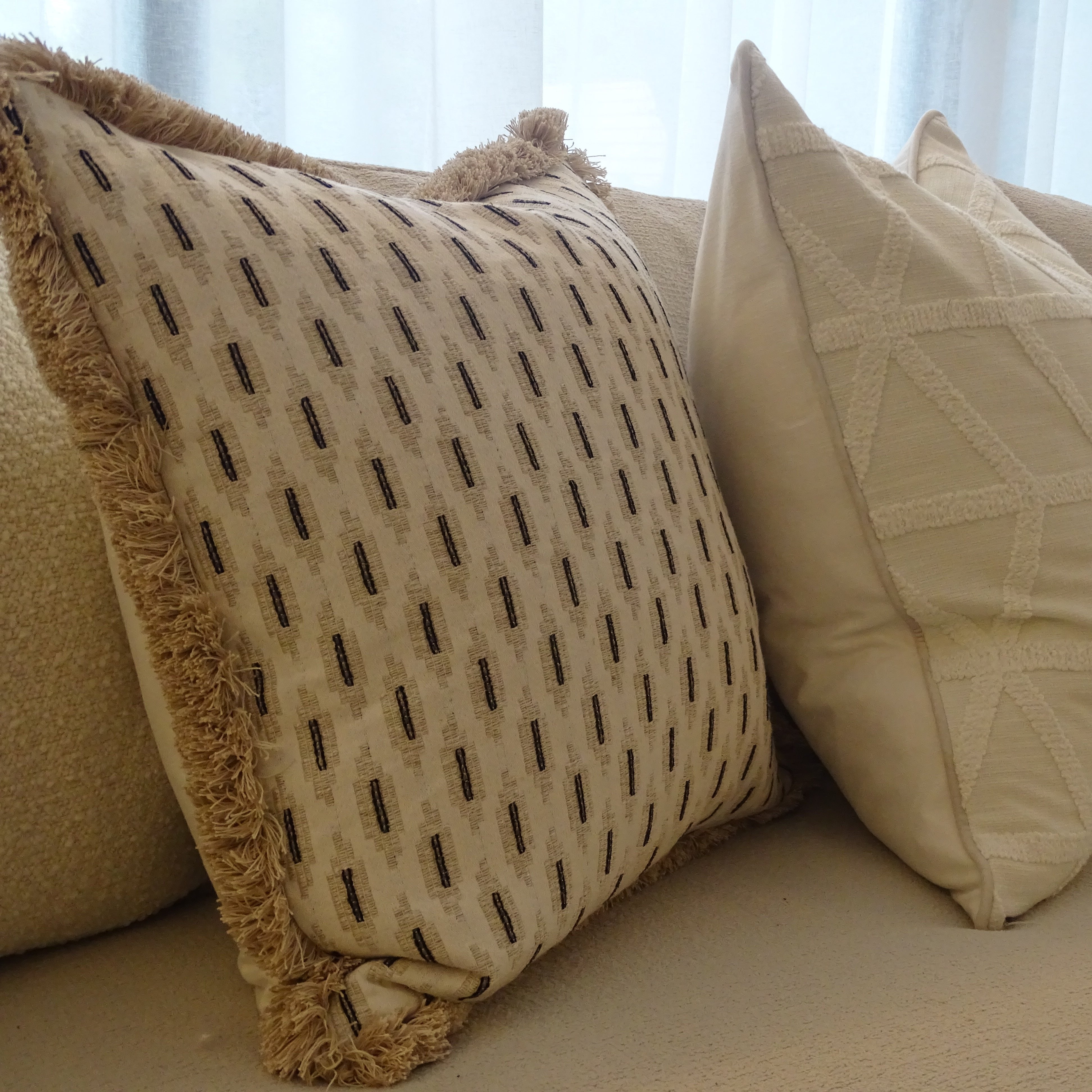 Monochrome Patterned Cushion with Fringe Trim