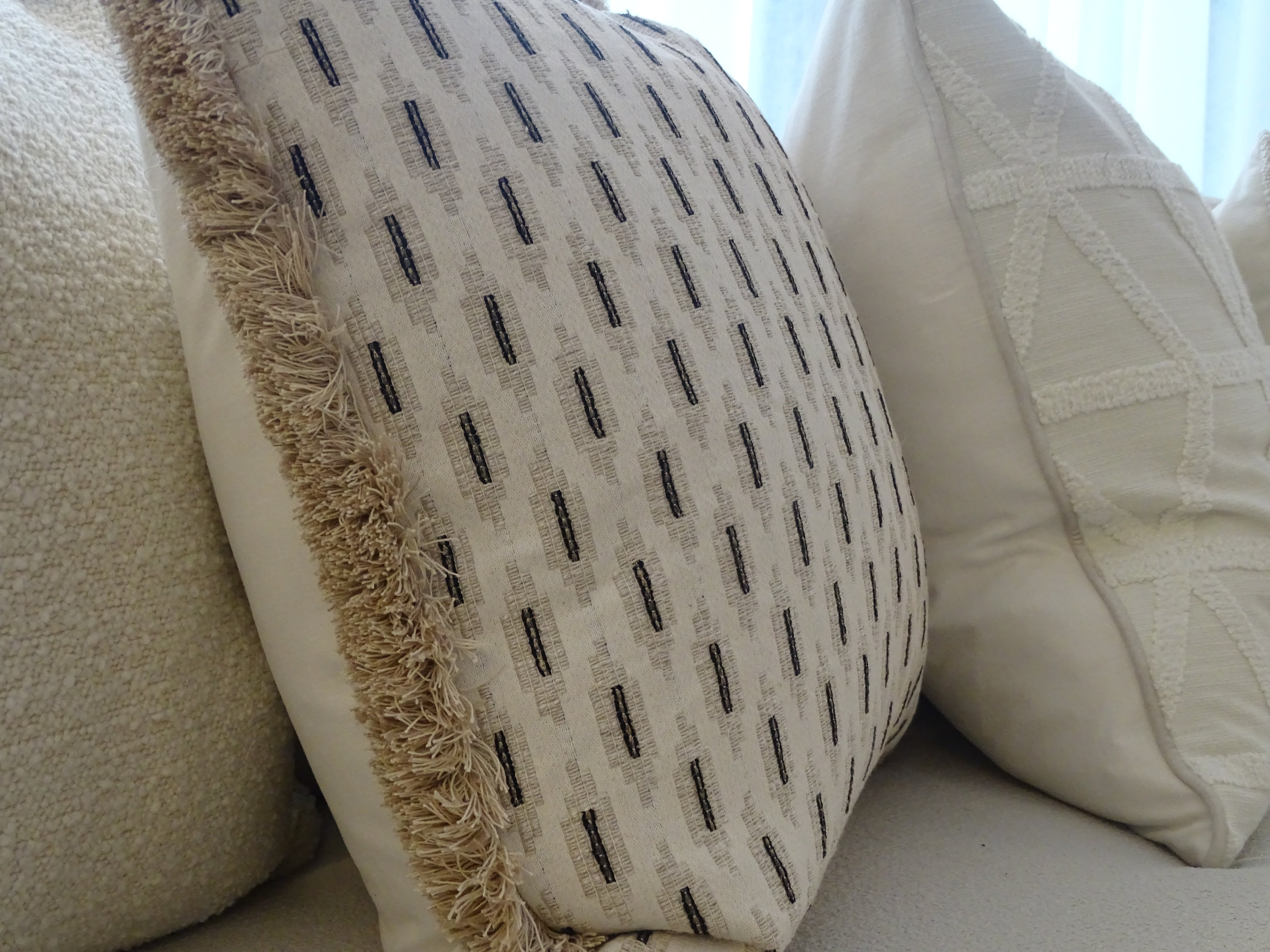 Monochrome Patterned Cushion with Fringe Trim