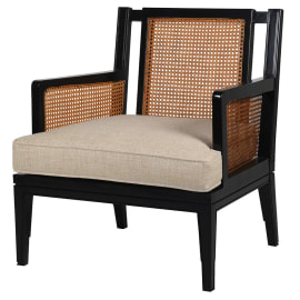 Black Ratten Detail Chair with Linen Cushion